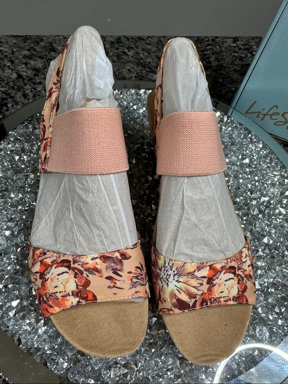Life Stride Peach Floral Elastic Strap cork Wedge Sandals NEW 9